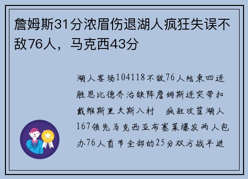 詹姆斯31分浓眉伤退湖人疯狂失误不敌76人，马克西43分
